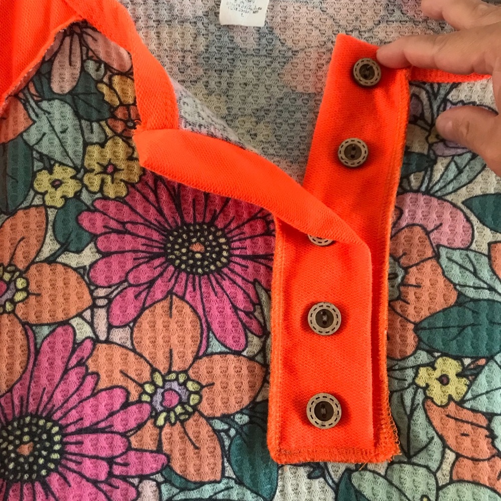 Bibi Neon Orange Floral Panel Short Sleeve Top - Picture 3 of 5